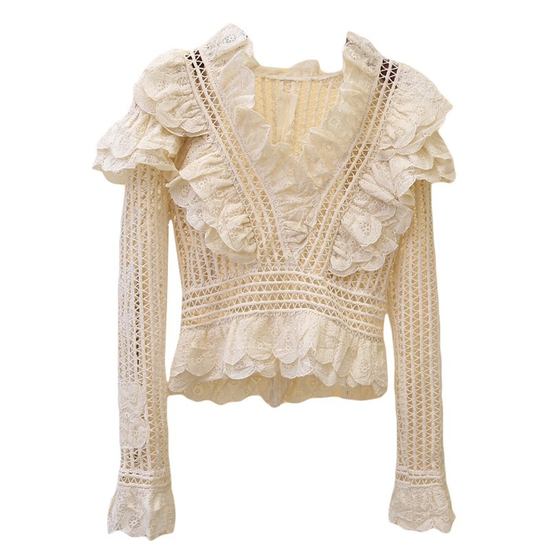 2021 New Runway Self Portrait Women Lace Hollow Out Layers Ruffles Shirt Blusas Vintage Sexy Ladies Blouse Flare Sleeve Tops 210225