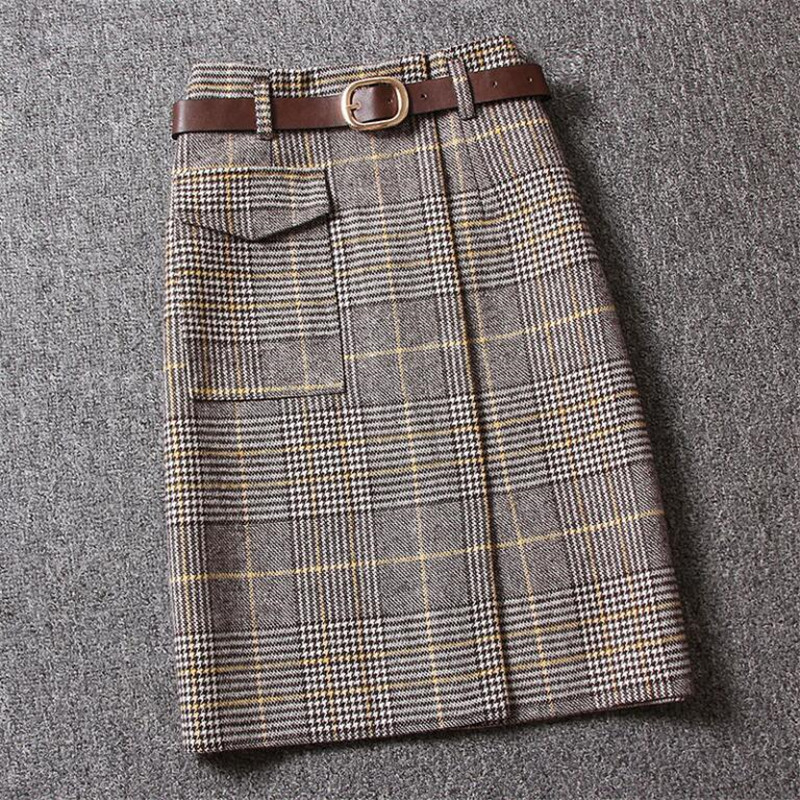 Autumn Winter Korean Woman woolen Plaid Skirt Female Midlength High Waist Split A step Bag Hip Midi Skirt 210306