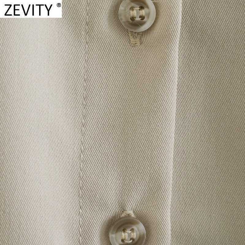 Zevity Women Safari Style Lantern Sleeve Breasted Smock Blouse Office Lady Buckle Sashes Pleat Shirt Chic Blusas Tops LS7406 210603