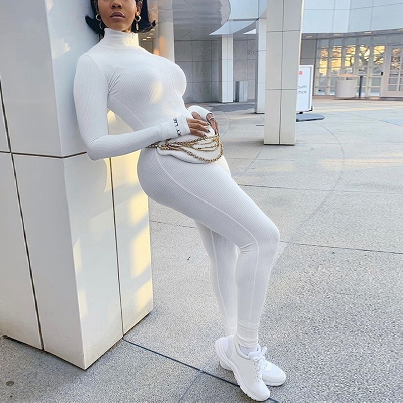 Bonne Solid Turtleneck Full Sleeve Jumpsuits Autumn Winter Women Fitness Slim Rompers Zipper Long Bodysuit Skinny Jogger 201007