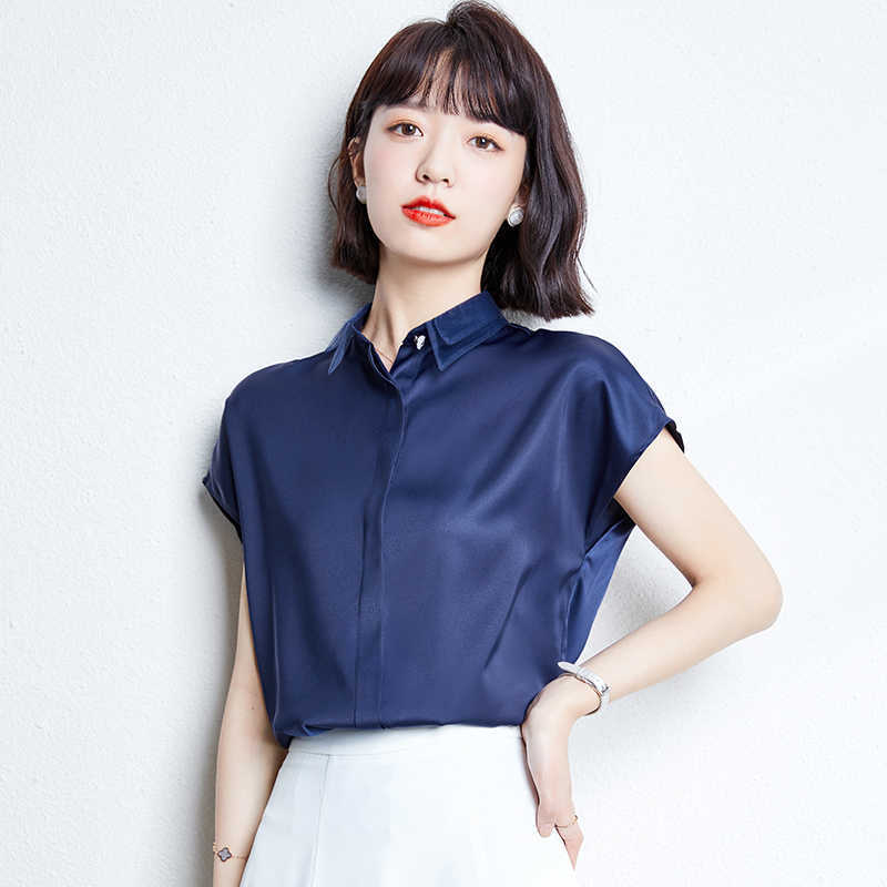 Blouses for Women Summer Tops Short Sleeve Casual Satin Blouse Female Work Wear Pink Office Lady Shirts Plus Size XXL 210531