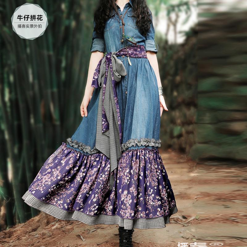 Casual Dresses High Quality 2021 Bohemian Long Maxi Denim Chiffon Patchwork Spring Boshow Three Quarter Sleeve Jeans Dress With Flower Belt