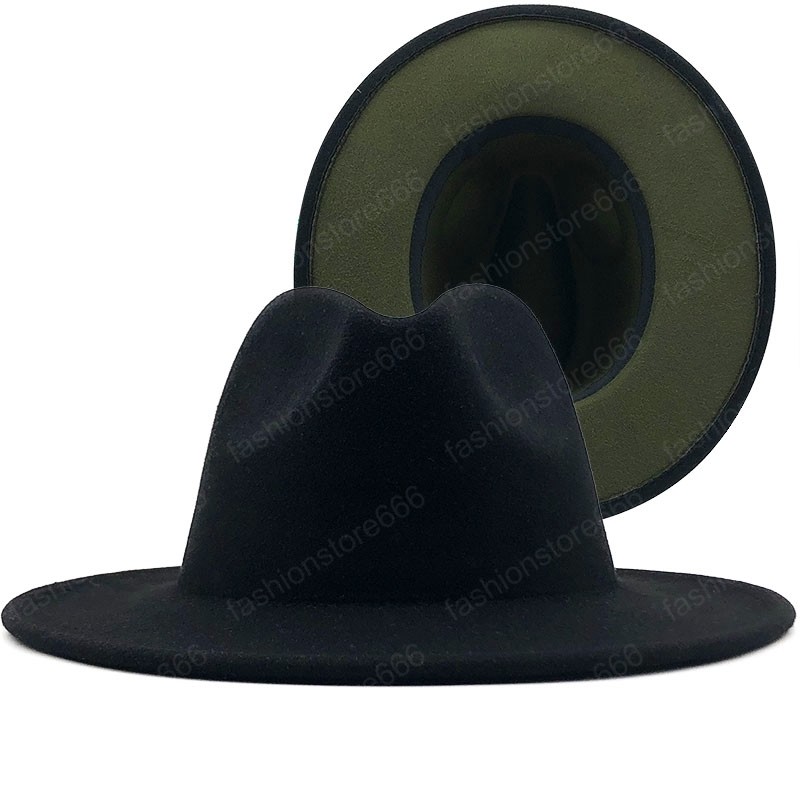 Big Size Outer black Inner Army green Wool Felt Jazz Fedora Hats with Thin Belt Buckle Men Wide Brim Panama Trilby Cap