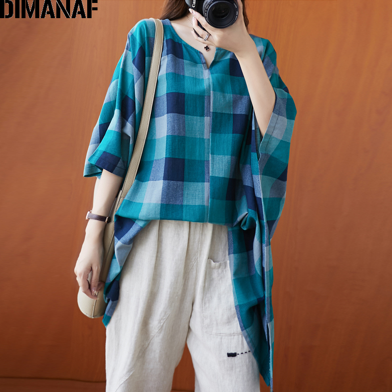 DIMANAF Plus Size Women Blouse Shirt Cotton Big Size Casual Lady Tops Tunic Print Plaid Loose Female Clothing Batwing Sleeve 5XL 210225