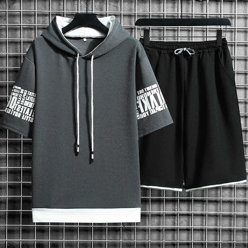 Summer Men Casual Sets Hooded Sweatshirt Harajuku Tracksuit Short Sleeve Print T-shirt+Shorts 2 PCS Jogging Male Sports Suit 210603