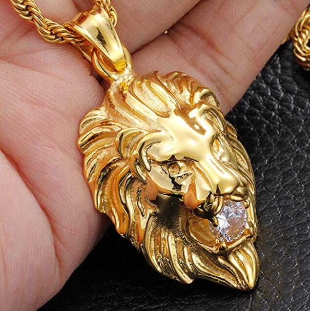 Gold Mens Necklace Lion Pendant Necklace Stainless Steel Shiny CZ Diamonds Comes with Rope Chain 22 INCH