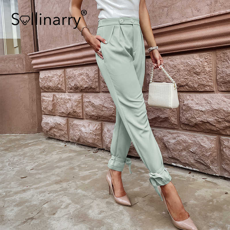 Sollinarry Autumn Casual Long Skinny Women Pants Bow Mid Waist Pocket Female Pants Straight Solid Green Pleated Ladies Bottoms 210709