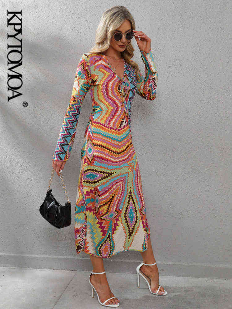 KPYTOMOA Women Chic Fashion With Drawstring Printed Midi Dress Vintage Long Sleeve Side Vents Female Dresses Vestidos Mujer 211206