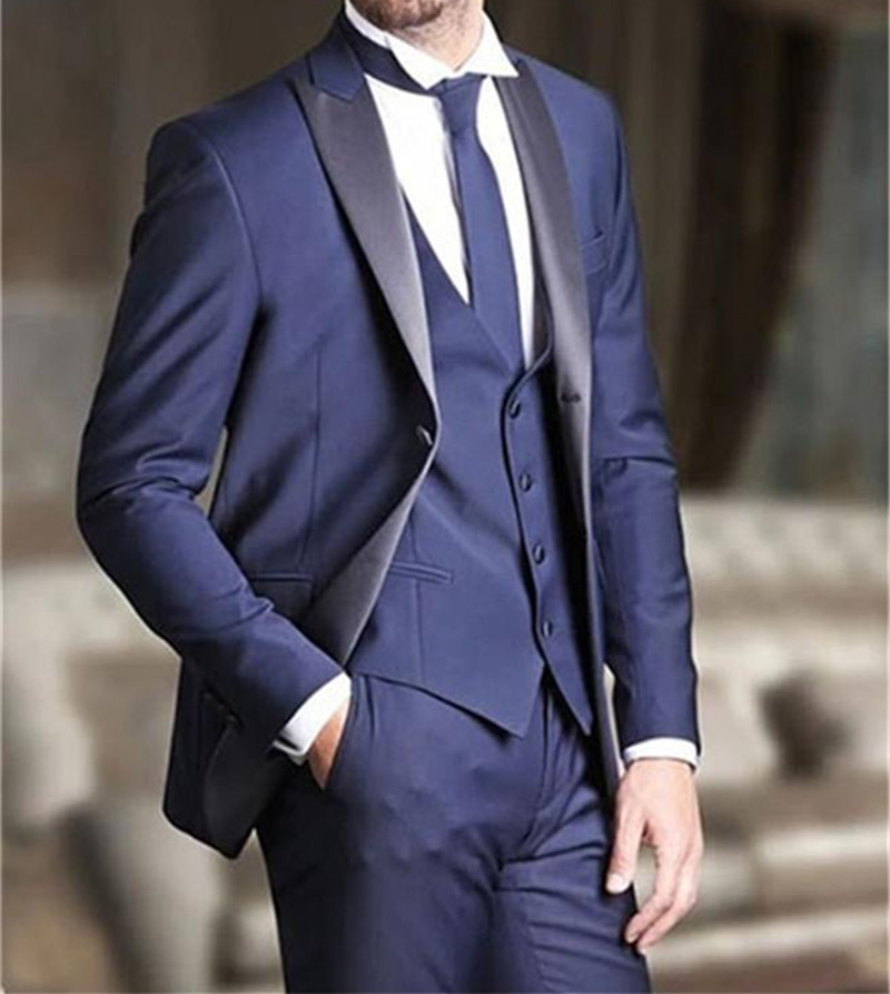 Navy Blue Mens Suits Formal Wedding Tuxedos Black Peaked Lapel Two Buttons Slim Fit Groom Wear Male Suit Men Evening Gowns Prom Party Blazer Custom (J