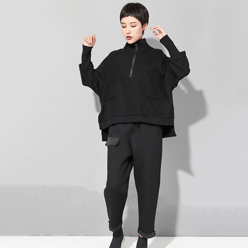 [EAM] New Spring Autumn Stand Collar Long Sleeve Black Zipper Split Joint Big Size Sweatshirt Women Fashion Tide LJ201130