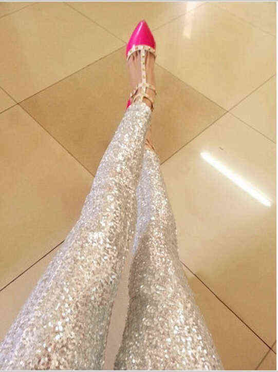 Gold Sequined Leggings Trousers Full Sequin Pants Anti Emptied Slim Was Thin Pencil 211215