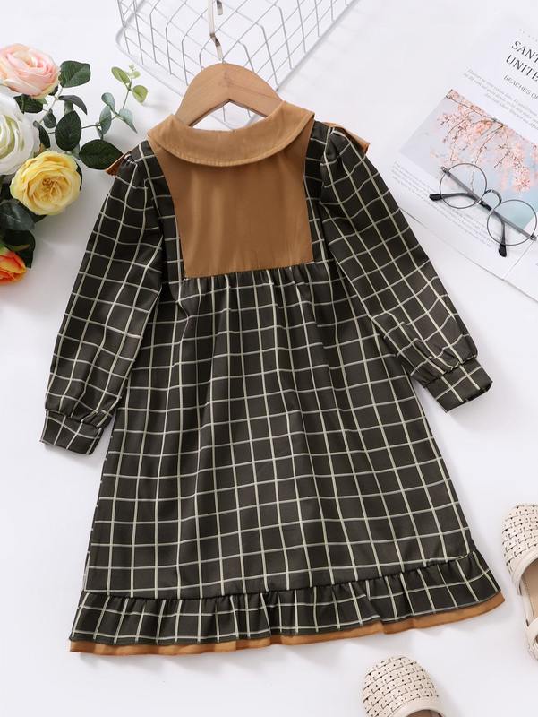 Toddler Girls Windowpane Print Contrast Panel Ruffle Trim Dress SHE