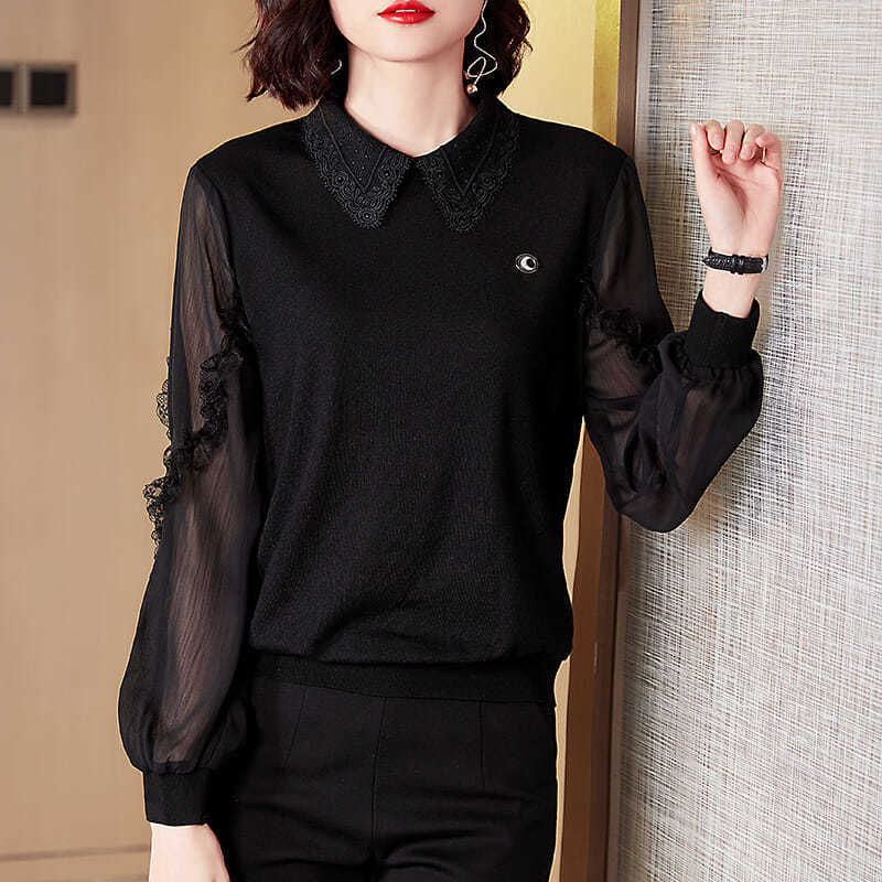 Women Spring Autumn Style Chiffon Blouses Shirts Lady Casual Peter Pan Collar Patchwork Chiffon Blusas Tops DF3795 210225