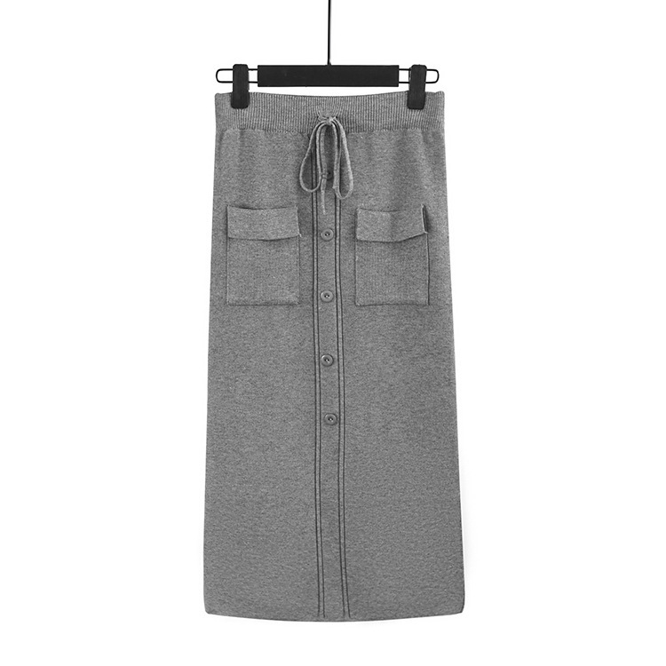 HLBCBG Women Elastic Waist Drawstring Skirts Knitted Medium Long Skirts Autumn Winter Midi Tutu Skirt With Pocket & Button 210309