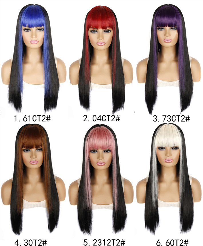 

Highlight Blonde Ombre Synthetic Glueless Wig With Bangs For Women Long Straight Blue Red Pink Colored Fringe Cosplay Wigs Heat Resistant 24Inch, 61ct2#