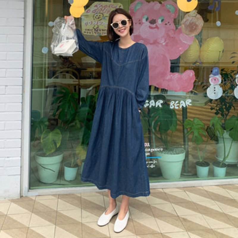 Summer Denim Dress Long Sleeve A-line Round Neck Temperament Plus Size Fit Female Fashion 2H204 210526