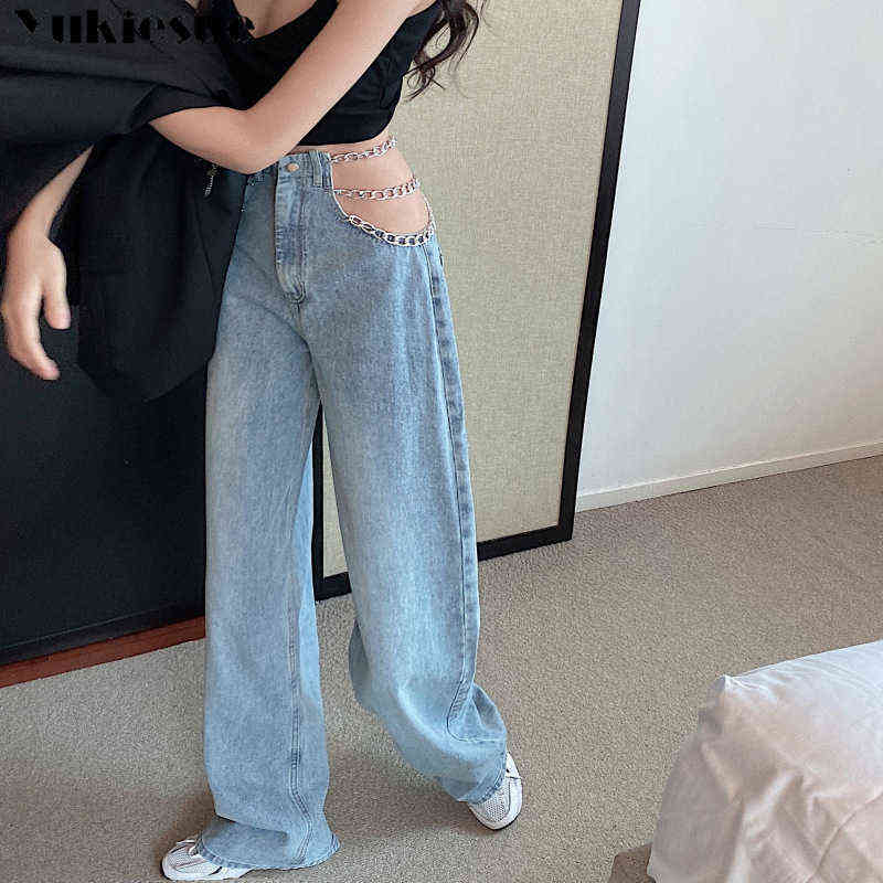 streetwear Side Cross Chain Hollow Out Wide-leg Women's Jeans High Waist Pants Sexy Elegant Ladies Europe Fashion woman 211129