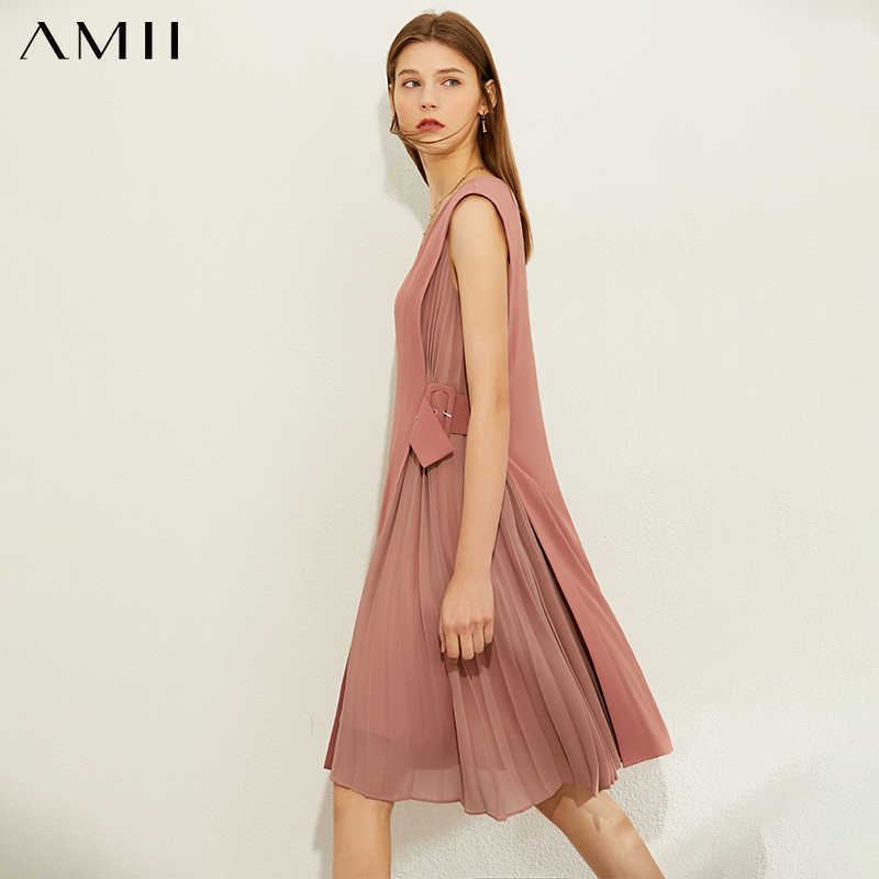 Minimalism Spring Summer Fashion Splice Pleated Dress Women Vneck Sleeveless Knee-length 12070255 210527
