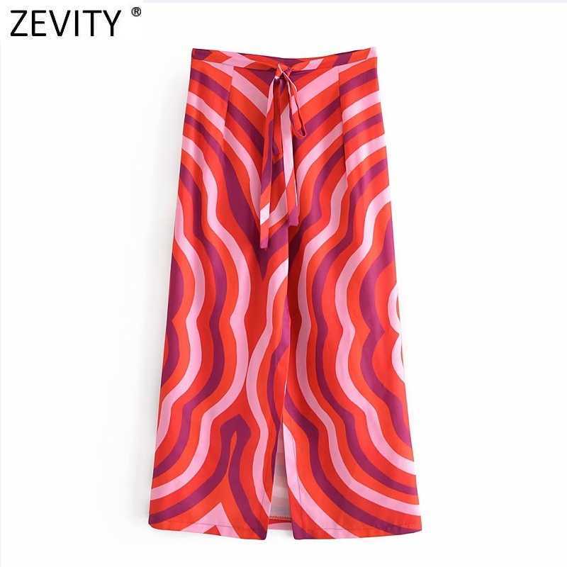 Zevity Women Vintage Striped Floral Print Casual A Line Midi Skirt Faldas Mujer Female Chic Back Zipper Split Vestido QUN777 210603