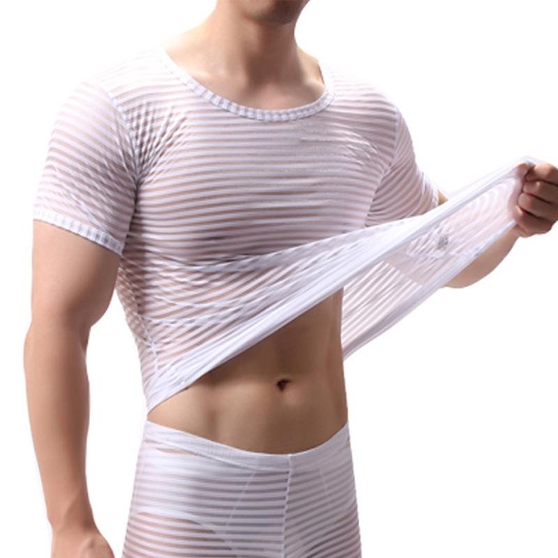Mens Transparent Sexy Mesh T Shirt See Through Striped Short Sleeve Muscle Sleep Undershirts Nightclub Perform Top Tees 210629