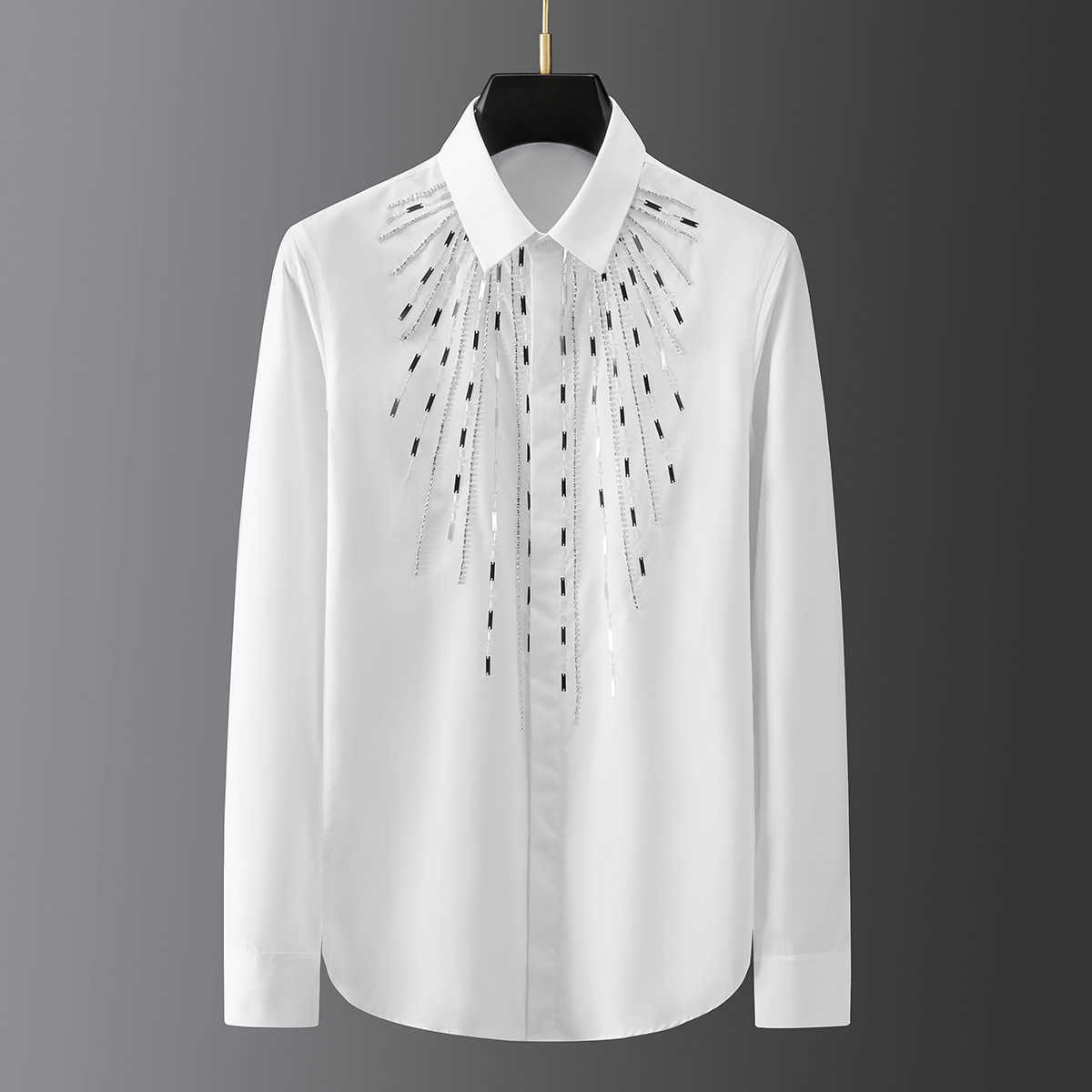 Handmade Geometric Metal Sheet Sewing Men's Shirt Personality Long-sleeved Luxury Shirt Social Party Stage Star Chemise Homme 210527, Black
Handmade Geometric Metal Sheet Sewing Men's Shirt Personality Long-sleeved Luxury Shirt Social Party Stage Star Chemise Homme 210527, Black