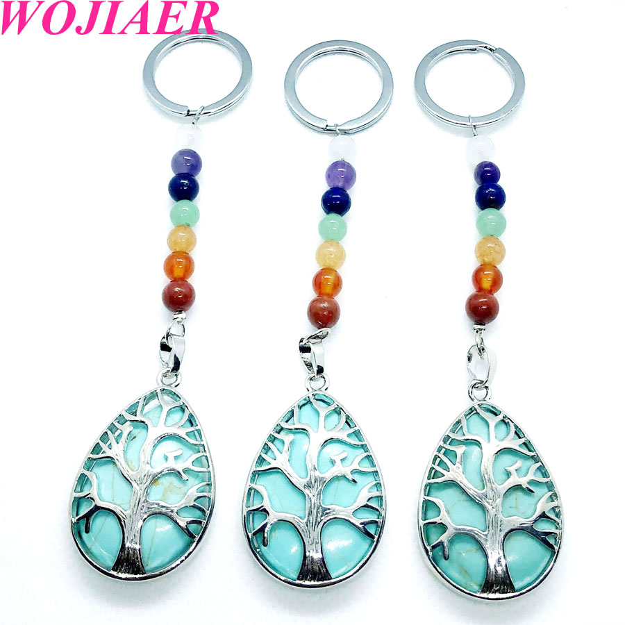 WOJIAER 7 Chakra Water Drop Natural Stone Pendant Key Rings Keychain Tree of Life Keyring Holder Men Women Birthday Gift BW910