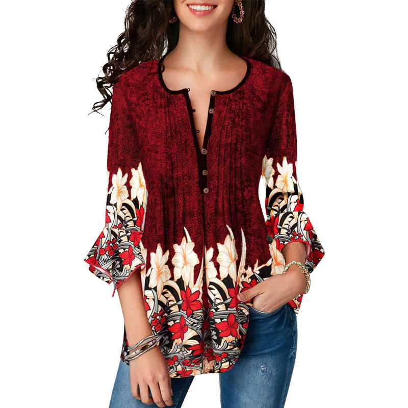 New Summer Print Blouse Women Cloting O-neck 3/4 Sleeve Shirts Ladies Casual Loose Plus Size Tops For Women 210225
