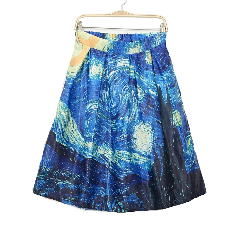 Fashion Satin Women Vintage Van Gogh Starry Sky Oil Painting 3D Print High Waist Skirt Rockabilly Tutu Retro Puff Skirt SK057 210306