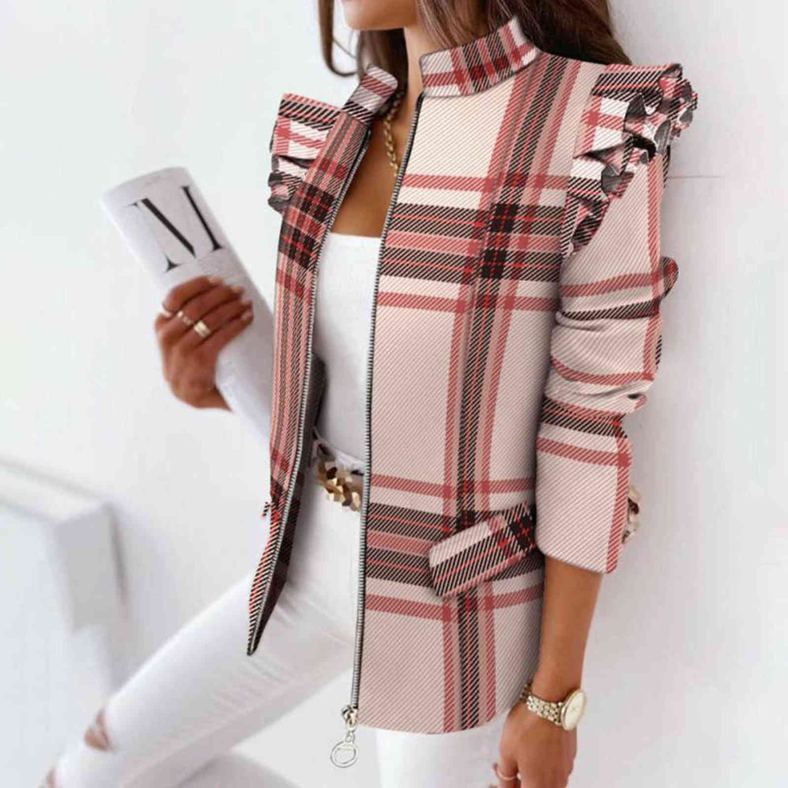 Casual Plaid Zip Blazer Jacket Women Spring Fall Long Sleeve Stand Neck Slim Coats Elegant Leopard Ruffle Office Suit Coat 211122