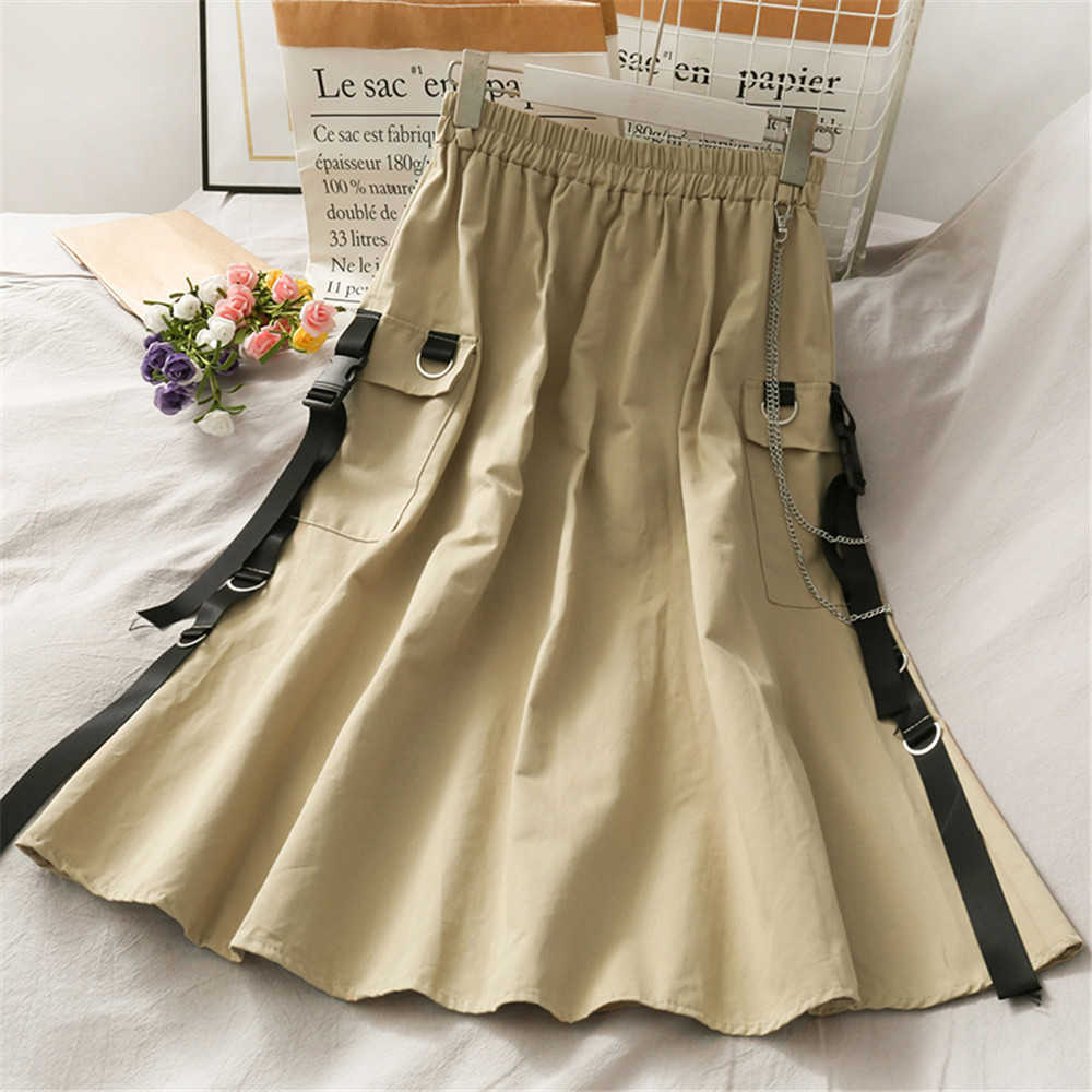 Harajuku Vintage Long Skirts Womens Summer High Waist Pockets Pleated Cargo Skirts Plus Size Ladies White Black Skirt jupe femme 210619wtt