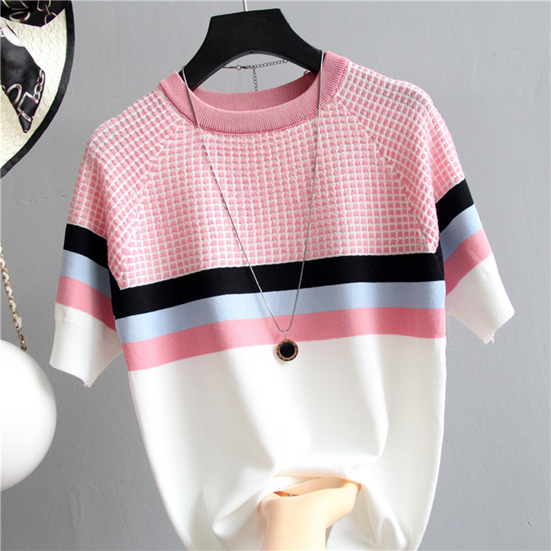 shintimes Plaid T Shirt Women Striped Tshirt Knitted Cotton Korean T-Shirt Woman Clothes Tee Shirt Femme Camisetas Mujer 210306