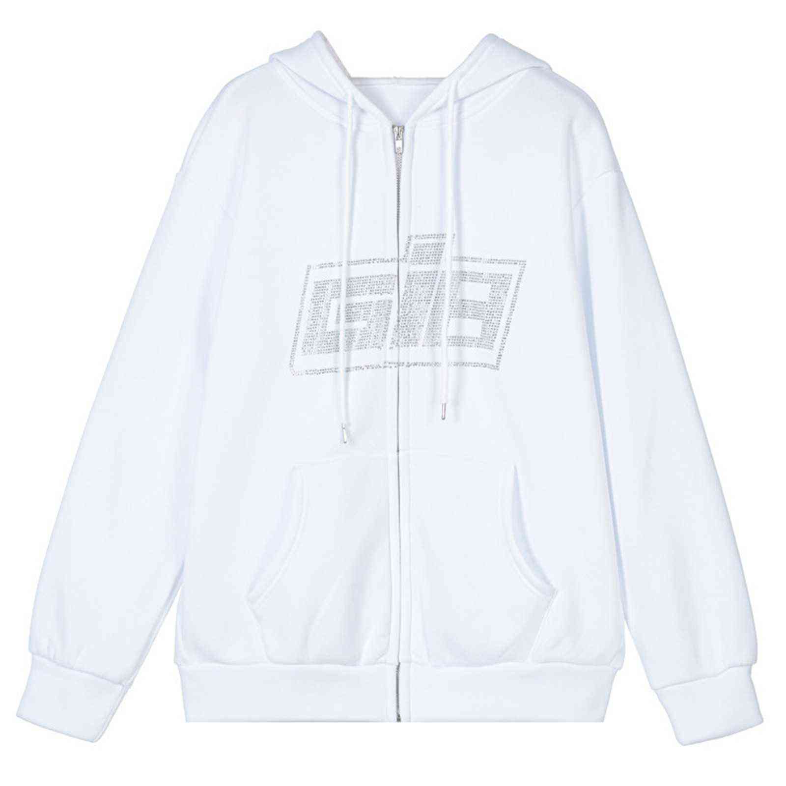 Harajuku Hoodies Women's Jacket Female Hooded Rhinestone Letter Print Long Sleeve Sweatshirt Oversized Hoodie Zipper Loose Coat Y1118