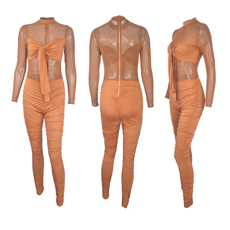 Sexy Club Jumpsuits Women Plus Size 3X 4XL Long Sleeve Rompers High Stretchy Mesh bodycon Bodysuits Sheer Nightclub Wear Bandage Jumpers 6889