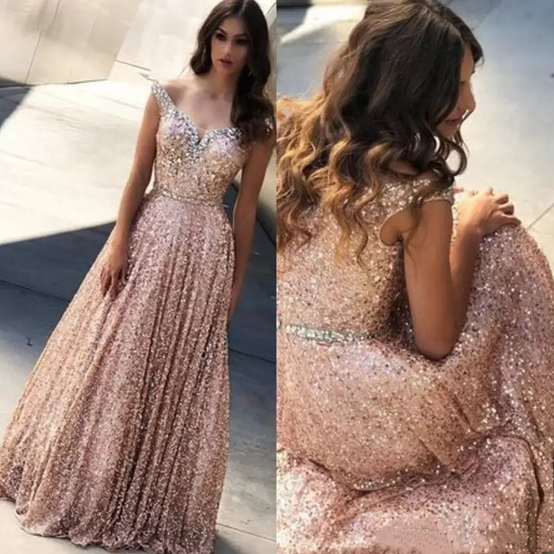 Off The Shoulder Prom Dresses Full Sequins A Line Dusty Pink Evening Dresses Long Beaded Floor Length Formal Party Wear Gowns Event
