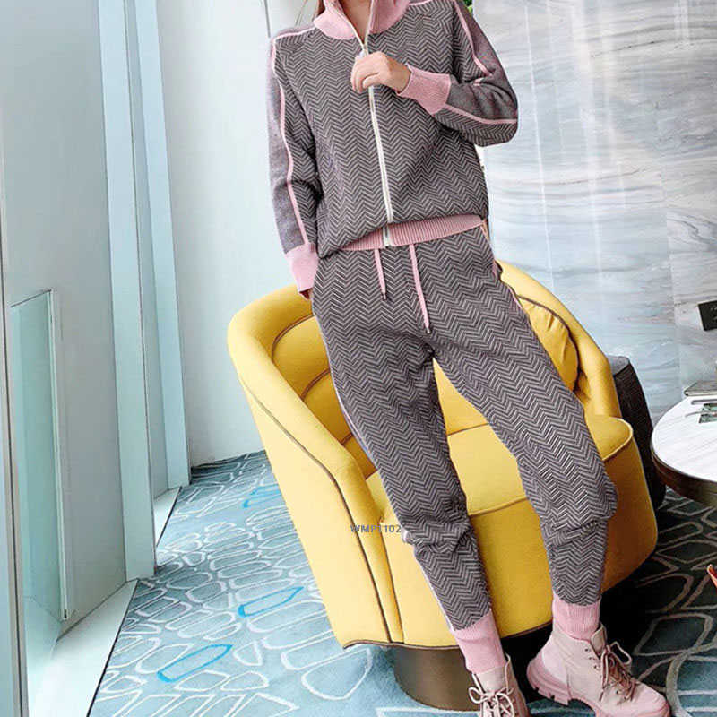 Autumn New Women Geometric Knitting Tracksuit Zipper Cardigans jacket+ Pants Female Winter Fashion Design 2pcs Sports Set TZ48 Y0625