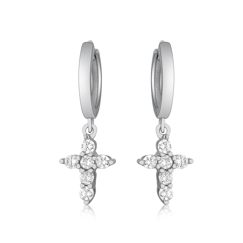 Women Authentic Fashion 925 Sterling Silver Gold Colors Luxury Crystal Cross Dangle Hoop Earrings Girls Round Earrings Jewelry Gift