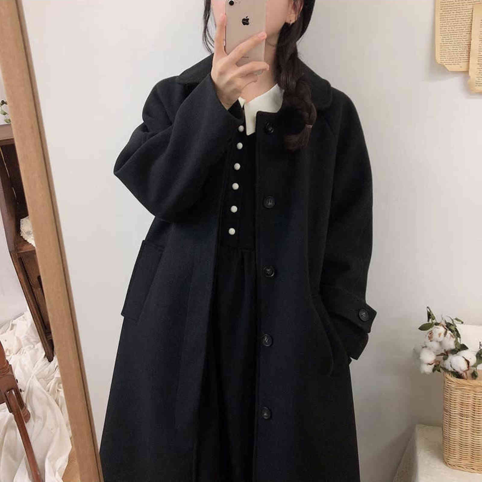 Womens Coat Winter Korean Fashion Long Coated Thickened Woolen Winter Coat for Women Black Coat Harajuku 211130