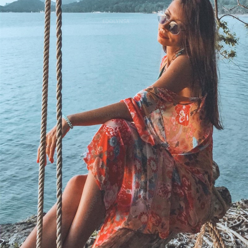 2021 Bohemian Printed Summer Beach Wrap Dress Women Beachwear Cotton Tunic Chinese Style Sexy Front Open Kimono Dress Pareo N751 210225
