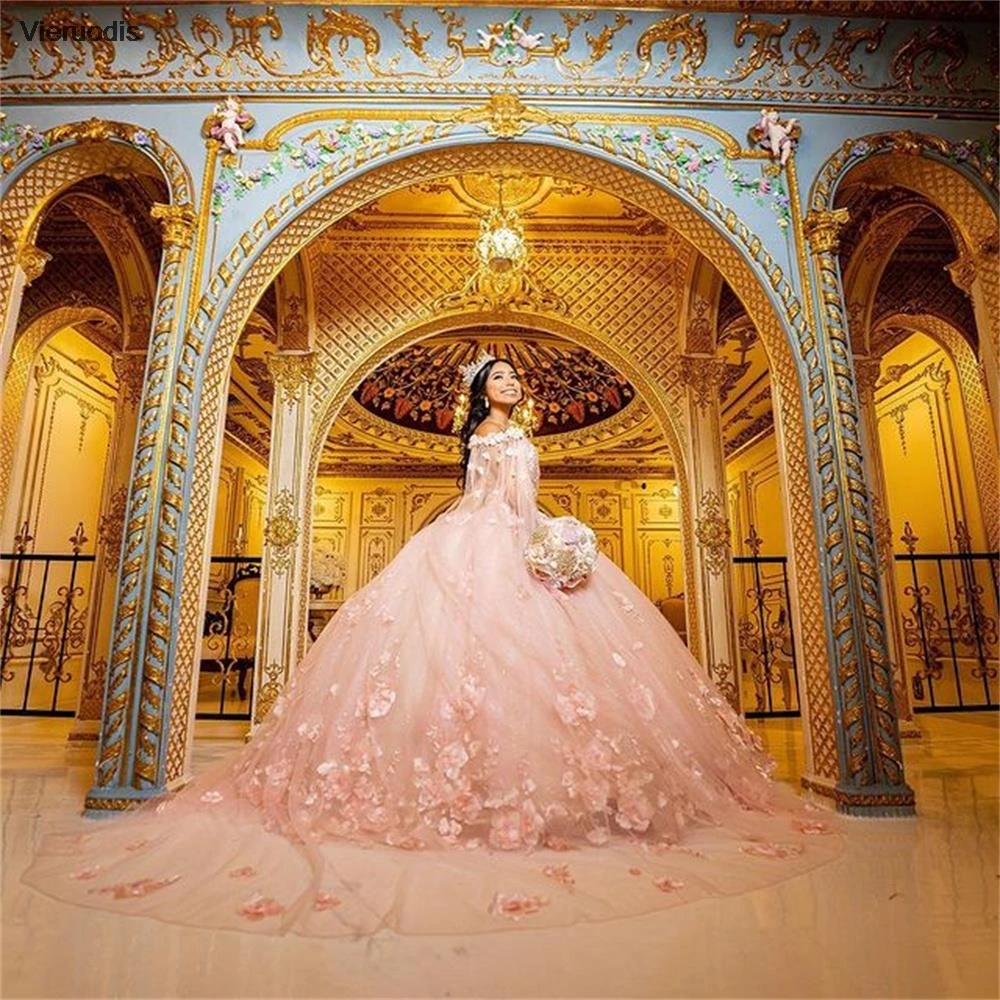 Pink Quinceanera Dresses Flowers Sweetheart Sweet 15 Girls Princess Dress vestidos de estidos para 15
