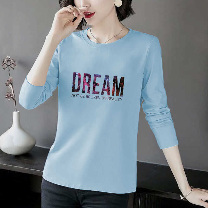 Cotton T-shirt Women Casual O Neck Long Sleeve T Shirt Female Flower Letter Print Tops Fashion Plus Size Spring Summer Tee 210526