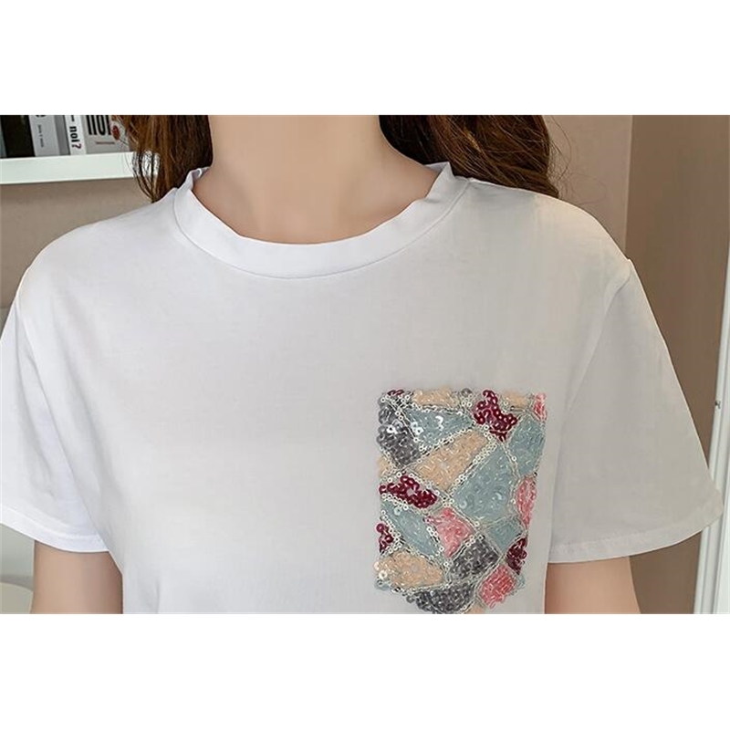Fashion 2 Piece set Female Summer New Ladies Simple White Tshirt Colorful Mosaic Sequined Skirt Suits Casual Outfits