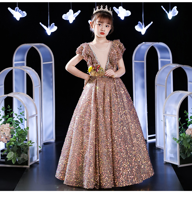 Gold Sequin Toddler Ball Gowns Girls Pageant Jewel Long Deep V Neck Formal Kids Party Gown Flower Girl Dresses For Weddings 403