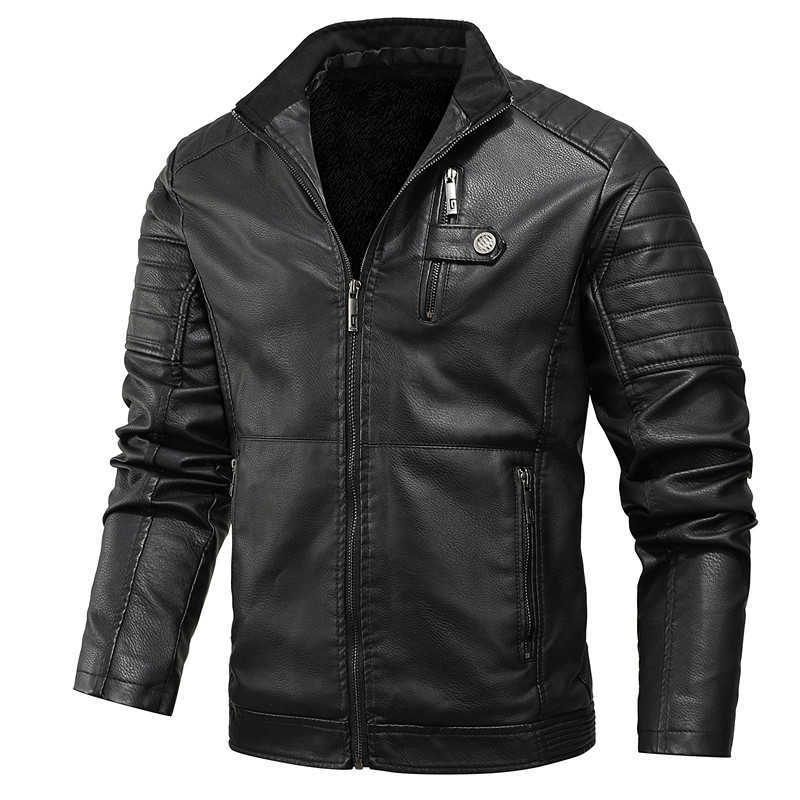 Faux Leather Jackets Men Winter Casual Slim PU Motorcycle Jacket Coat Men Fleece Thick Warm White Stand Collar Outwear Male 210603