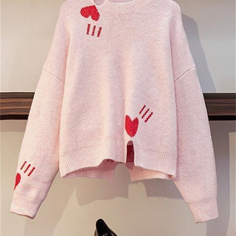 Preppy Style Loose Knitting Heart Pattern Sweater Top Sashes Wool Aline Mini Skirt Women Trendy 2 Piece Set Pink Skirt Set T200325