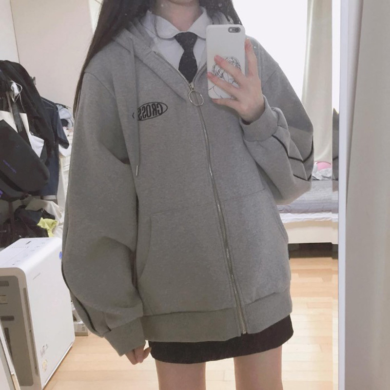 streetwear Harajuku Oversized sweatshirt women print Letter zip up Hoodies Student Plus Size Outwear Female Loose tops 201102