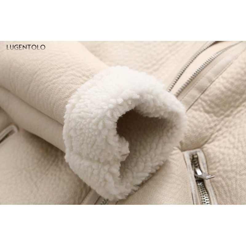 Lugentolo Leather Jacket Women Winter Lamb Wool Turndown Fur Collar Long Sleeve PU Moto Zipper Keep Warm Thick Coat T200811