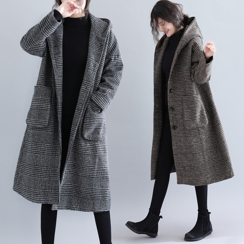 Autumn Winter Plaid Woolen Coat Women Plus Size Fashion Vintage Loose Single-breasted Hooded Long Outerwear Female Clothing