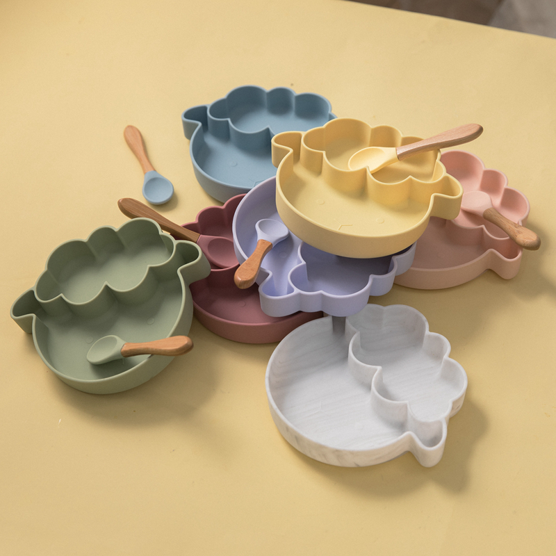5PCS Baby Feeding Bowl Set Sheep Shaped Food Grade Silicone Plate Suction Bowl baby Feeding BPA Free Infant Waterproof Tableware 210226