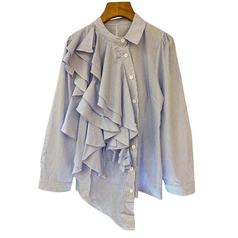 TWOTWINSTYLE Patchwork Ruffle White Women Shirt Lapel Long Sleeve Irregular Hem Solid Blouse Female Fall Fashion New Tide 210225