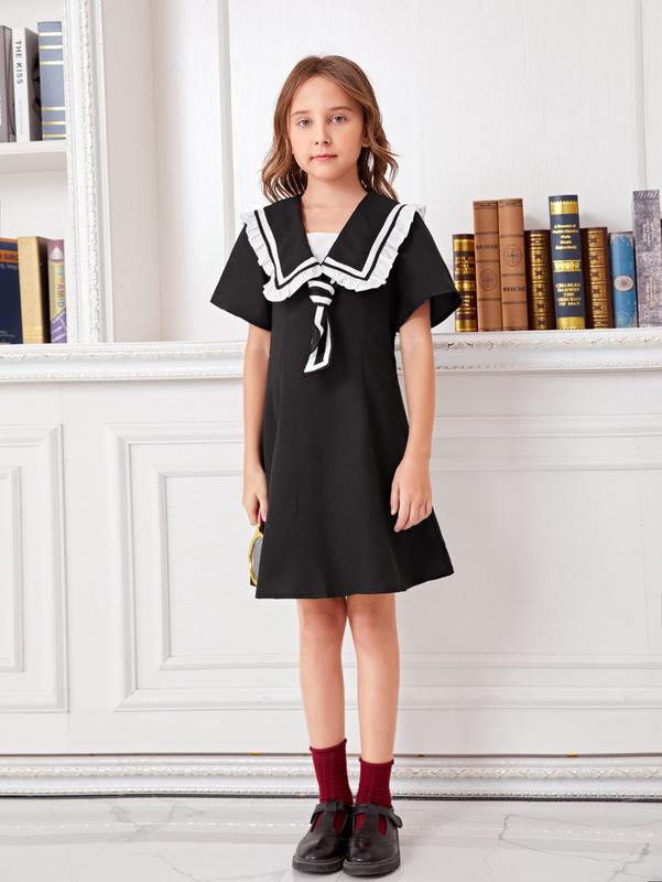 Girls Sailor Neck Tie Front Dress SHE